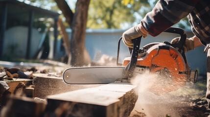 Wall Mural - Worker using chainsaw for cutting the wood. Deforestation, forest cutting concept.