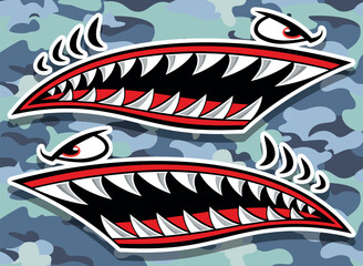 Poster - Shark teeth car decal angry Flying tigers bomber shark mouth motorcycle fuel tank sticker vector graphic on camouflage background