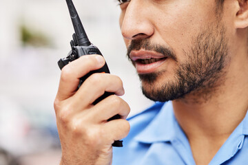 Poster - Walkie talkie, man and security guard for police service, backup support and safety. Closeup mouth of legal officer, bodyguard and radio communication for crime investigation to monitor surveillance