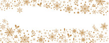 Gold Snow Flakes Decoration Pattern. Winter Illustration. Snow Flakes, Leaves And Ornaments Decoration Background For Winter Holiday And Christmas. Vector Illustration.