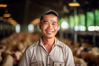A smiling asian male pig farmer stands with his arms folded in the poultry shed generative ai