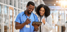 Tablet, happy collaboration or doctors reading healthcare results, clinic success info or medicine report. Hospital services, analysis and medical nurse, surgeon or people partnership on research job