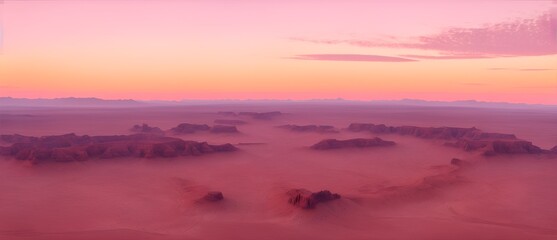 Canvas Print -  Aerial view of a desert landscape at sunset with pink sky from Generative AI