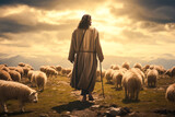 Fototapeta  - Jesus the good shepherd, guiding his sheep. A christian concept