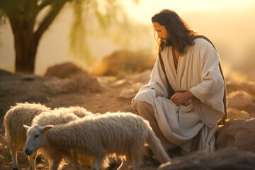 Jesus the good shepherd, guiding his sheep. A christian concept