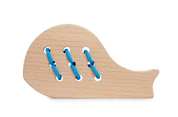 Sticker - Wooden whale figure with holes and lace isolated on white. Educational toy for motor skills development