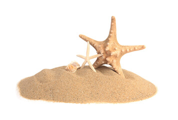 Wall Mural - Beautiful sea stars and seashell in sand isolated on white