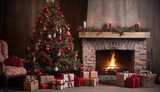 Fototapeta Nowy Jork - fireplace by the christmas tree full of decorations on christmas eve