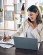© Rene L/peopleimages.com - Lawyer, laptop and phone call for notebook writing, policy review feedback or legal consulting schedule in corporate law firm. Smile, happy and talking attorney woman on mobile technology or laptop