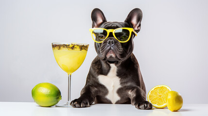 Wall Mural - French Bulldogg with eyeglass and delicious Cocktail