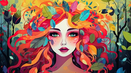 Wall Mural - Portrait of a beauty woman in the colorful forest background. Abstract girl in the color wood. Digital art watercolor oil paint style.