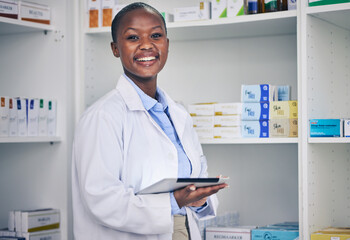 Wall Mural - Portrait of black woman, tablet and pharmacist with checklist for stock of medicine, information and advice. Digital list, pharmacy and medical professional with smile, online inventory and helping.