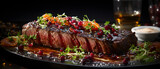 Fototapeta  - Capture a close-up shot of a mouth-watering sliced beef medium rare barbeque 2