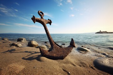 Wall Mural - Landscape with old ship anchor on the beach sand, sea horizon and sky in the background. Generative AI