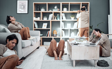 Wall Mural - Mental health, depression or anxiety with a busy woman in the living room of her home during a financial crisis. Stress, headache and burnout with a senior female person multitasking in her house