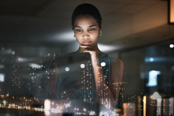 Poster - Tablet, thinking overlay or business woman review finance analytics, online stock market or Miami city ecommerce. Forex investment night, data analysis or African trader trading NFT or bitcoin crypto