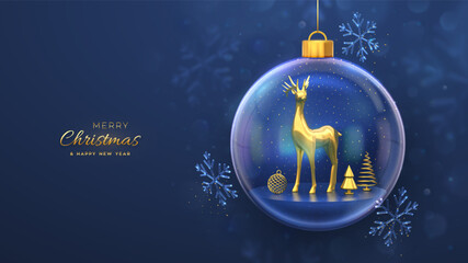 Wall Mural - Christmas greeting card. Golden deer in a transparent glass ball. Shining showflakes, glitter confetti. New Year Xmas blue background. Festive holiday poster, banner, flyer. 3D Vector illustration.