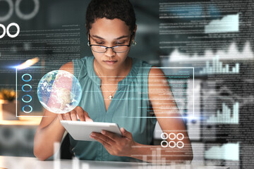 Poster - Tablet, black woman and globe hologram with graphs and analytics, future technology and digital overlay with code, Futuristic, tech innovation and 3D, focus and cyber space with big data and analysis