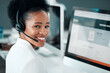 Crm, telemarketing and black woman portrait in a call center with customer support success. Web consultant, happy and lead generation worker at a office computer with a smile from consultation