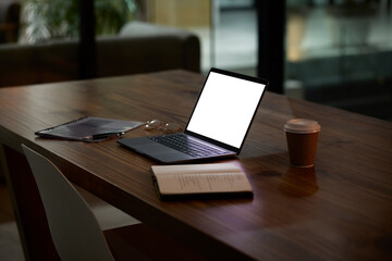 Aufkleber - Night, work and mockup laptop on a table for business, late shift and organized workspace. Planning, corporate and blank computer screen for marketing on a desk for a deadline or overtime in the dark