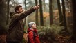 © CStock - Father points to an empty area in the forest. Father tells the child to look at the forest. Father teaches the child to learn about nature.