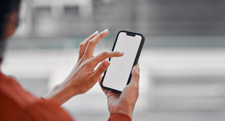 Aufkleber - Woman hands, phone screen and mockup for social media, online scroll and Web 3.0 ui or ux design space. Business FAQ, information and contact on mobile technology for job search and career marketing