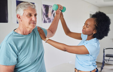 Poster - Senior man, physiotherapy and dumbbells with black woman for help in clinic workout for wellness. Nurse, physical therapist, patient and support with equipment for rehabilitation in nursing home.