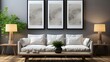 a white sofa and two black wooden tables and blank frames mockup, in the style of uhd image, albert joseph moore, black and beige, quadratura, minimalist strokes, solarizing master, mirror