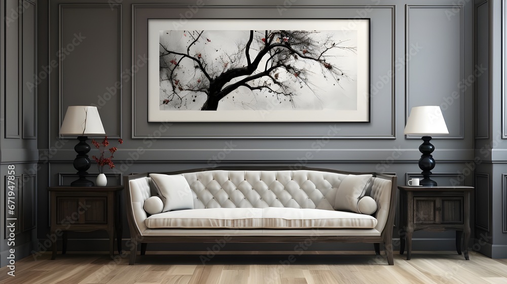 empty wall with white and gray frame, in the style of charles ...