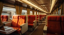 Luxurious And Classic Interior Private Train, Premium Business Class Seats For Luxury Train Travel, Posh First Class Train Cabin; Exclusive First Class Train Seating With Personal Entertainment System