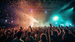 a live rock concert, party, or festival night club with an exuberant crowd cheering. The stage is aglow with vibrant lights