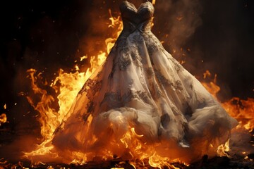 Wall Mural - Burning wedding dress in the flames of the fire. Background with selective focus and copy space