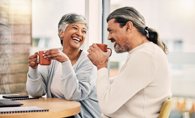 Wall Mural - Coffee, laughing or senior couple in cafe to relax together bonding, speaking or talking in conversation. Smile, retirement or happy mature man or funny elderly woman drinking tea or espresso on date