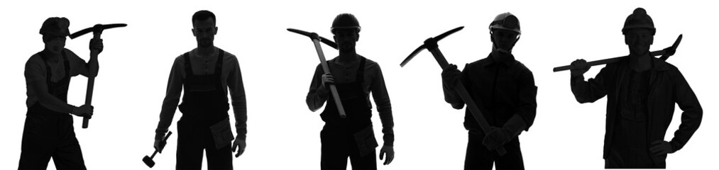 Wall Mural - Silhouettes of male miners with pick axes on white background