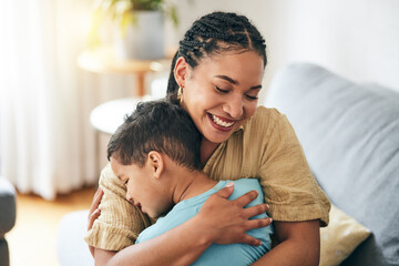 Sticker - Home, hug and happy family mom, kid and bonding, support and love for young son on lounge couch. Smile, connect and hugging mama, child or people enjoy quality time together for Mothers Day care