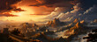 Landscape illustration of the Great Wall covered by clouds and fog at sunset 1