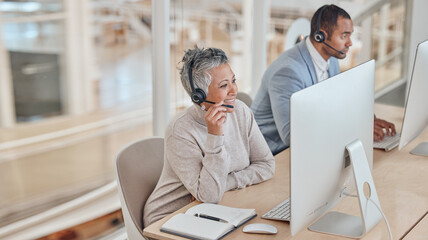 Aufkleber - Computer, consulting and a senior woman in a call center for customer service, support or assistance online. Contact, headset and elderly consultant working at a desk in her professional crm office