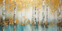 Abstract Art Acrylic Oil Painting Of Forest Birch Trees With Gold Details, Reflection On Water