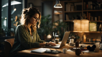 Wall Mural - Back view of Creative young woman working on laptop in her studio