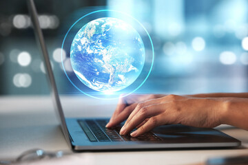 Poster - Laptop, hands and Earth hologram with future technology and globe with coding and digital overlay with person typing. Futuristic, tech innovation and 3D with global network, cyber space and big data