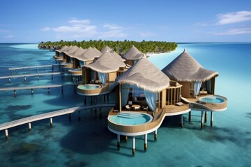 Sticker - tropical island with water bungalows and beach 3d render, Maldives water bungalows, AI Generated