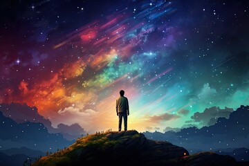 Wall Mural - Man standing on top of hill and looking at colorful starry sky, man standing on the hill looking at the colorful night sky, digital art style, AI Generated