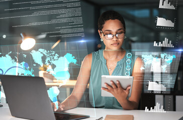 Wall Mural - Black woman with tablet, laptop and data overlay for erp innovation, research and programming in future technology. Futuristic global analytics, it software and developer for startup business website