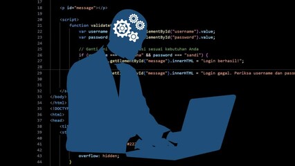 Animated silhouette of a programmer coding, his brain has spinning gears, code running in the background.