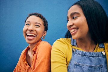 Relax, friends and smile with women on wall background for teenager, youth and happy. Student, happiness and gen z with face of young girls in urban city for social, fashion and freedom together