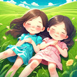 © JaeJun - cute-little-girls-taking-a-nap-in-the-blue-sky-and-green-fields-generative ai