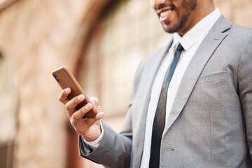 Aufkleber - Phone, happy and business man in city online for social media, networking and website in town. Travel, professional and closeup of male entrepreneur with smartphone for internet on morning commute