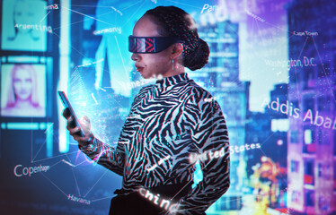 Leinwandbilder - Metaverse, virtual reality glasses and woman with phone dashboard overlay for digital transformation. Person with vr headset for global ux ar hologram for cyber, future and 3d world for big data