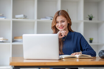 Poster - Asian girl student online learning class study online video call zoom teacher, Happy asian girl learn language online with computer laptop.