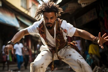 Capoeira street performance in a Brazilian market, Generative AI